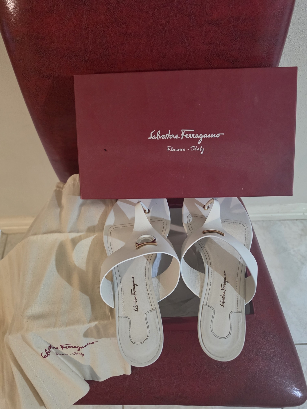 Salvatore Ferragamo White Leather Slide Sandals